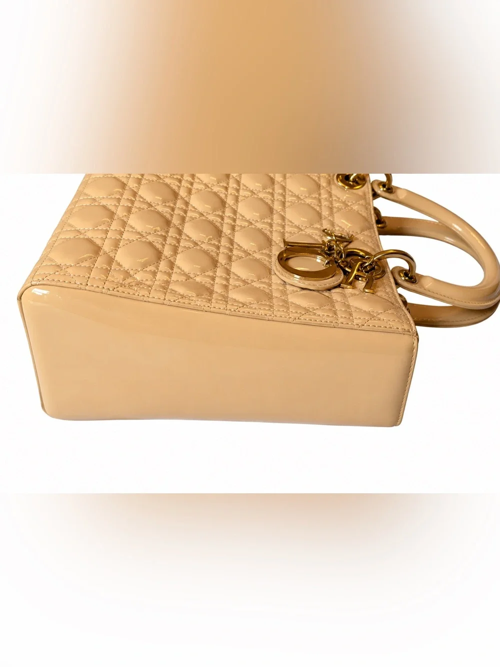 Christian Dior Large Lady Dior Patent Leather Tote Beige/Nude with Strap